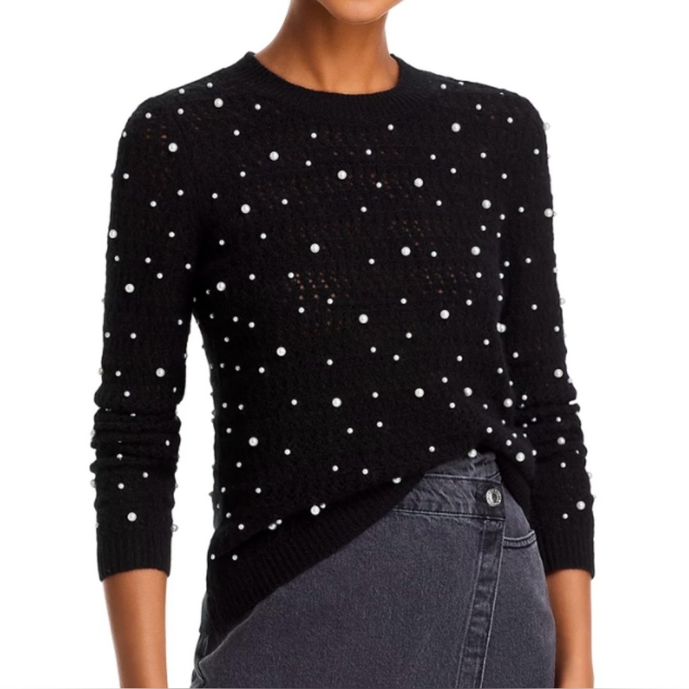 NEW Size XS Aqua Bloomingdales 100% Cashmere Pearl Embellished Crewneck Sweater